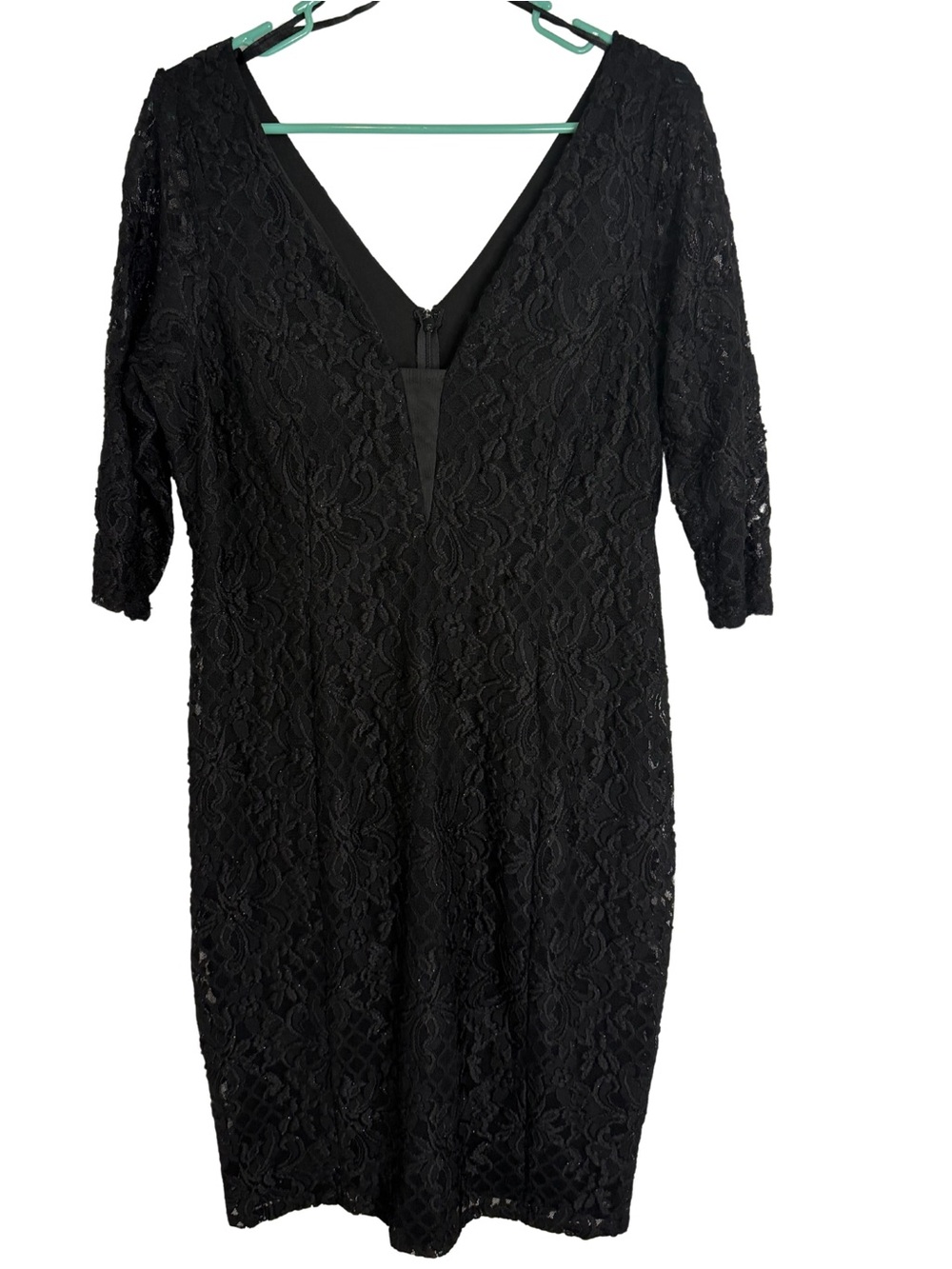 MARINA Black Lace Overlay Knee Length Dress with V-Neckline